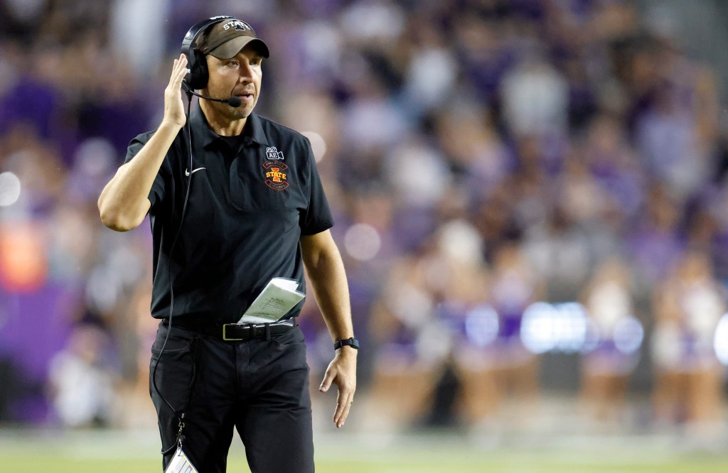 Head coach Matt Campbell of the Iowa State Cyclones calls a play.