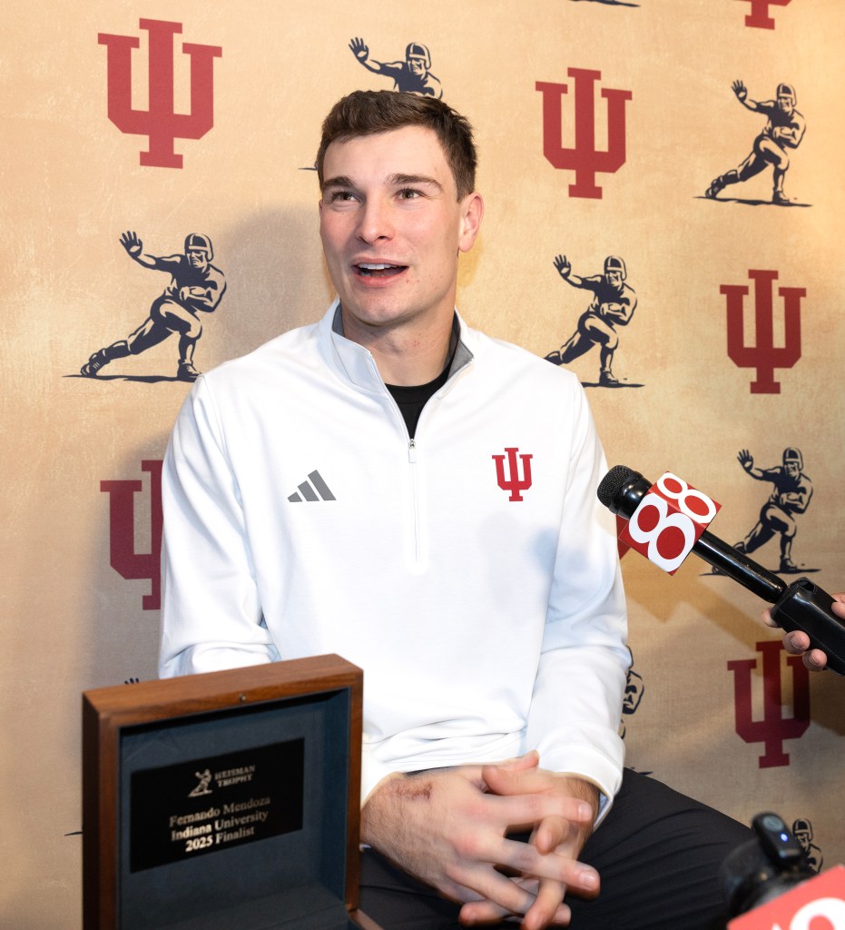 Heisman Finalists Fernando Mendoza, speaking to the media at the Marriott Marquis in Times Square
