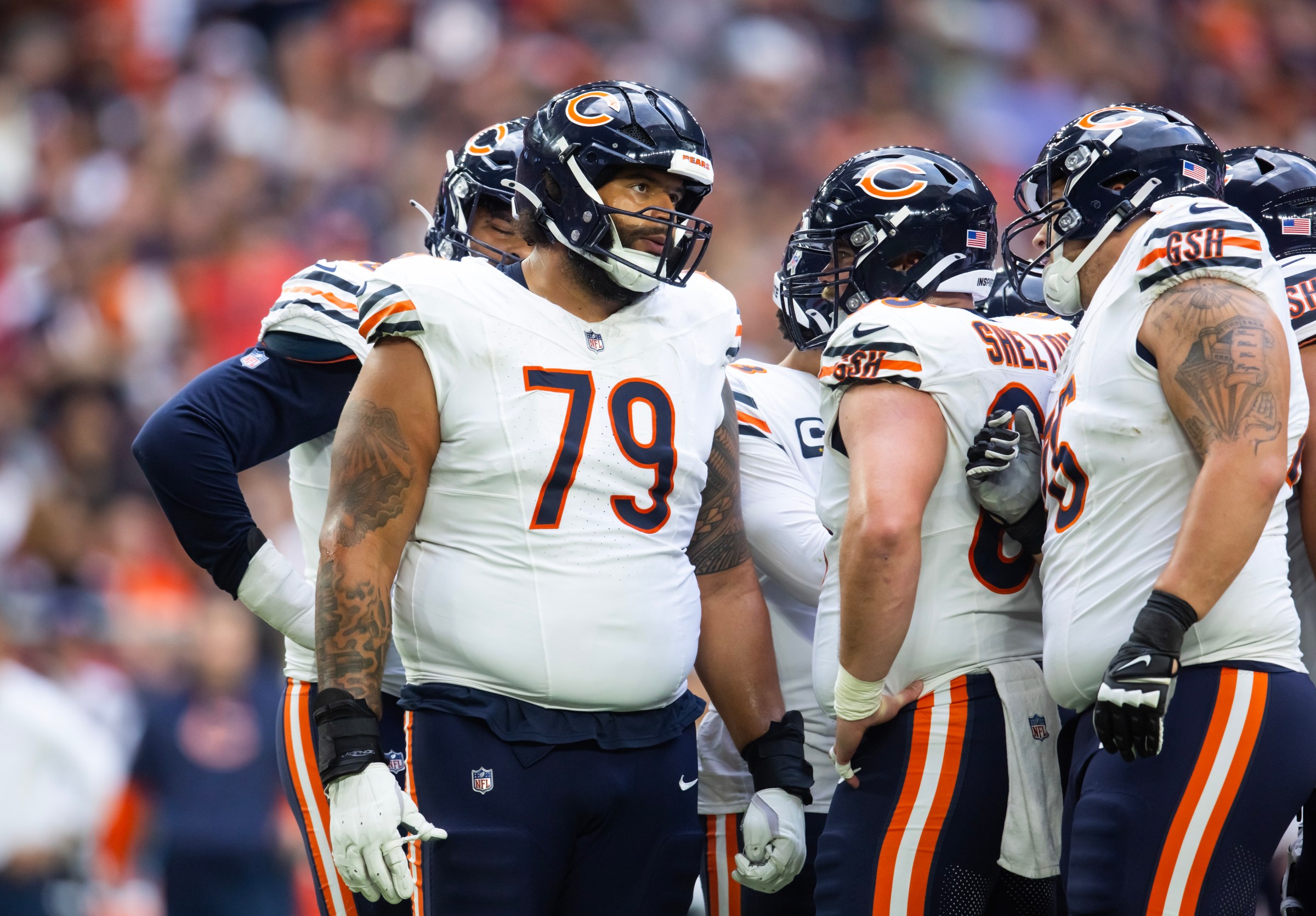 Nov 3, 2024; Glendale, Arizona, USA; Chicago Bears guard Matt Pryor (79) against the Arizona Cardinals at State Farm Stadium. Mandatory Credit: Mark J. Rebilas-Imagn Images