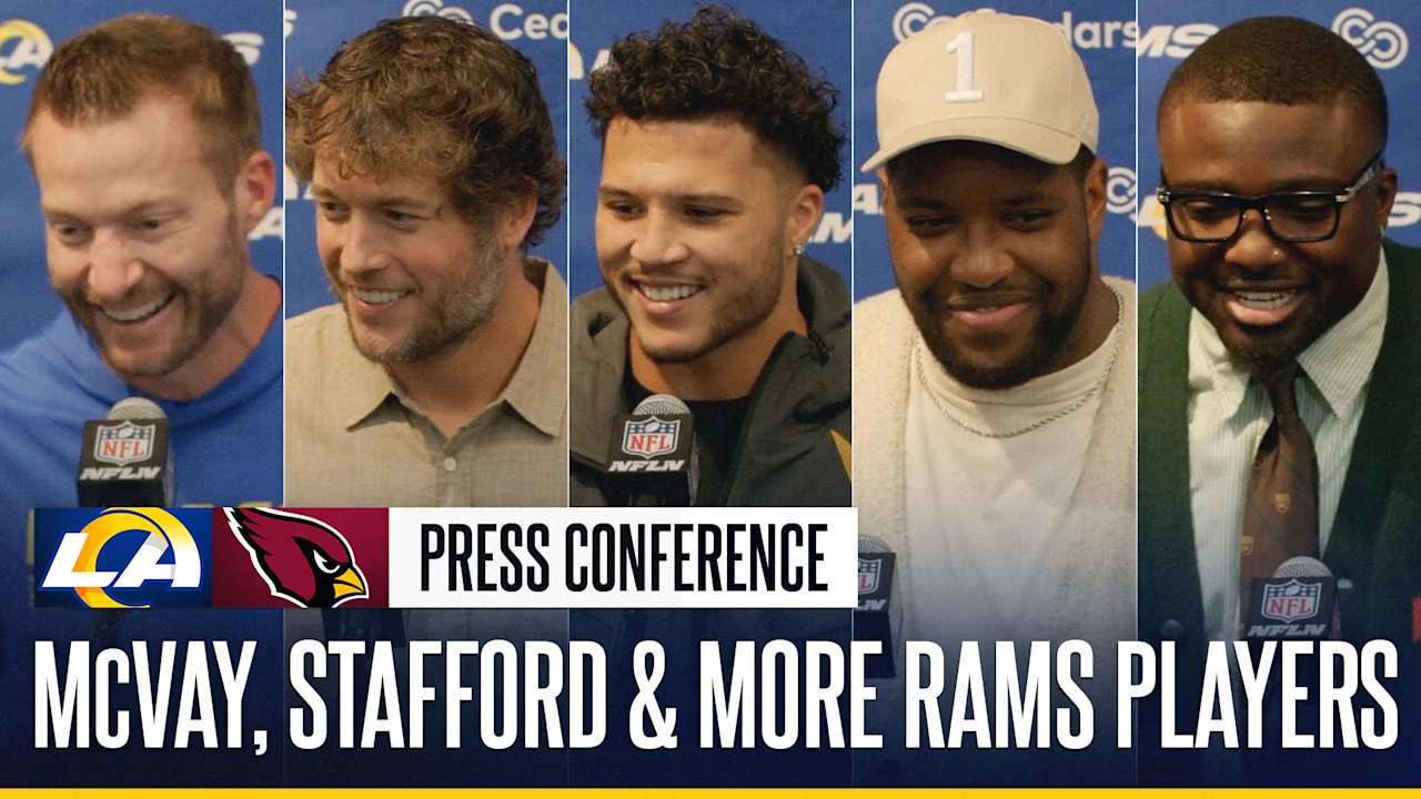 Head coach Sean McVay, quarterback Matthew Stafford, running back Blake Corum, defensive end Kobie Turner & outside linebacker Byron Young Press Conference