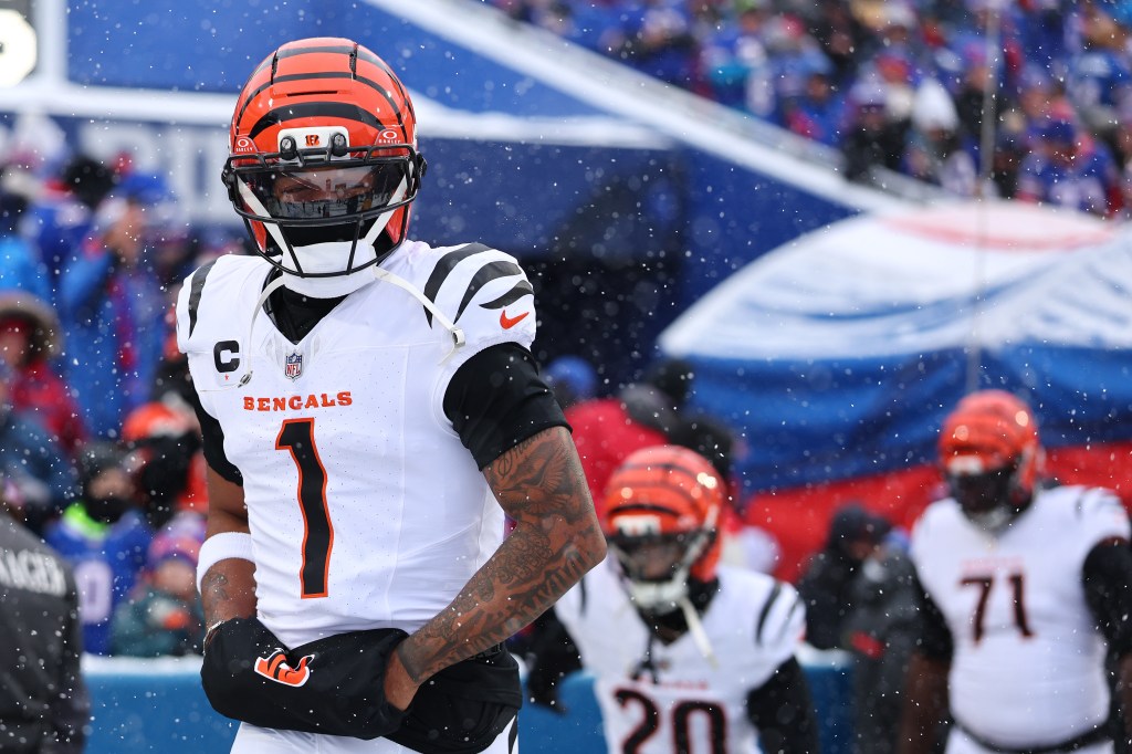 Ja'Marr Chase #1 of the Cincinnati Bengals looks on against the Buffalo Bills.
