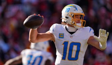 Los Angeles Chargers quarterback Justin Herbert throws during the first half of an NFL football game against the Kansas City Chiefs Sunday, Dec. 14, 2025, in Kansas City, Mo. (AP Photo/Charlie Riedel)