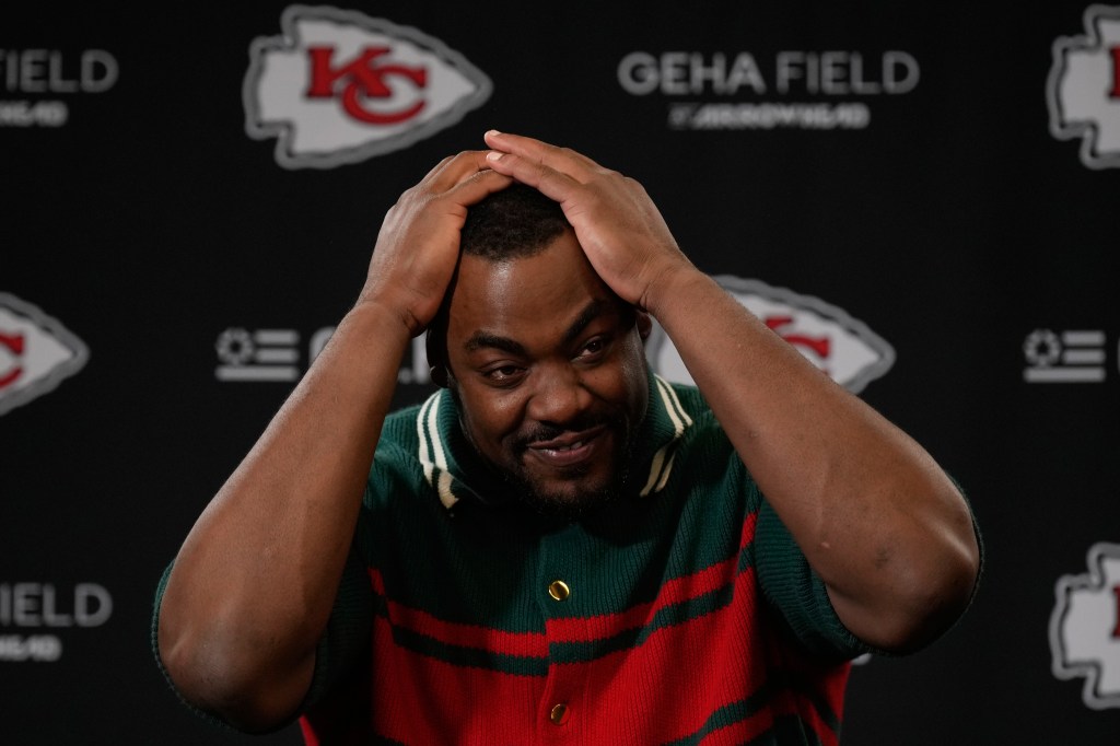 Kansas City Chiefs defensive tackle Chris Jones talks to reporters.