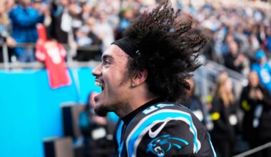 Carolina Panthers safety Lathan Ransom celebrates after their win in an NFL football game between the Carolina Panthers and the Tampa Bay Buccaneers, Sunday, Dec. 21, 2025, in Charlotte, N.C. (AP Photo/Jacob Kupferman)