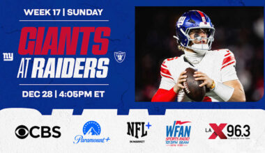 Giants at Raiders to be played at 4:05 p.m. ET on Sunday, Dec. 28 (CBS)