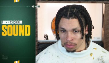 Christian Watson reacts to his 2-TD performance against the Chicago Bears