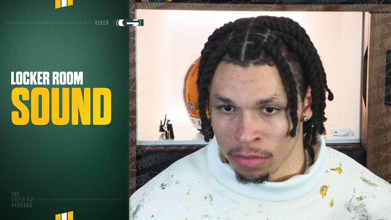 Christian Watson reacts to his 2-TD performance against the Chicago Bears