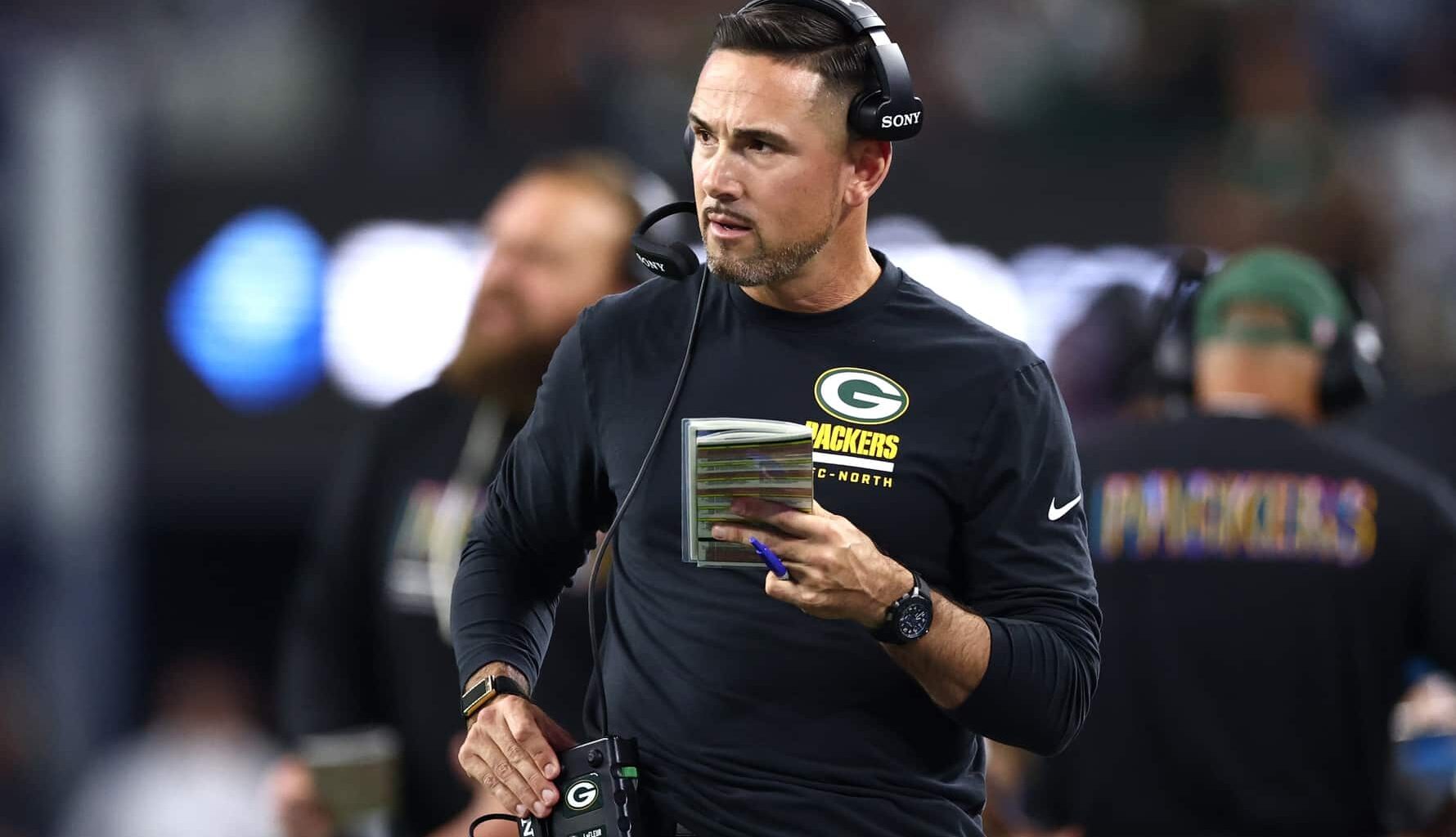 Sep 28, 2025; Arlington, Texas, USA; Green Bay Packers head coach Matt LaFleur looks on in the first quarter against the Dallas Cowboys at AT&T Stadium. Mandatory Credit: Kevin Jairaj-Imagn Images