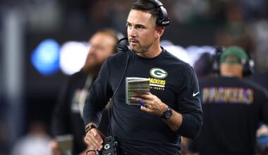 Sep 28, 2025; Arlington, Texas, USA; Green Bay Packers head coach Matt LaFleur looks on in the first quarter against the Dallas Cowboys at AT&T Stadium. Mandatory Credit: Kevin Jairaj-Imagn Images