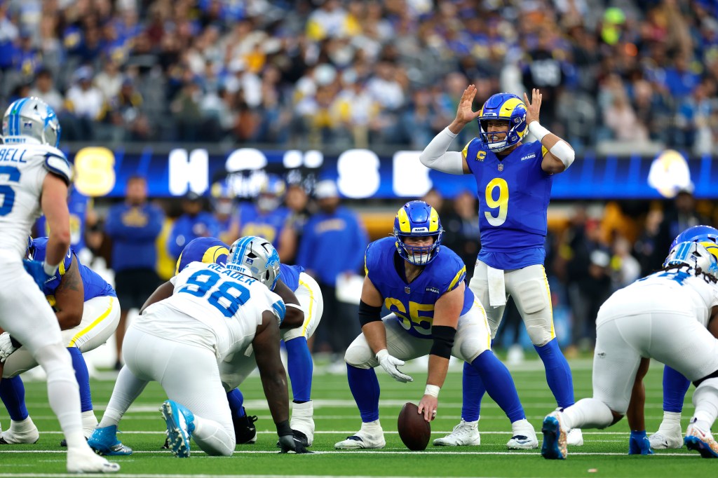 Matthew Stafford #9 of the Los Angeles Rams calls a play against the Detroit Lions.