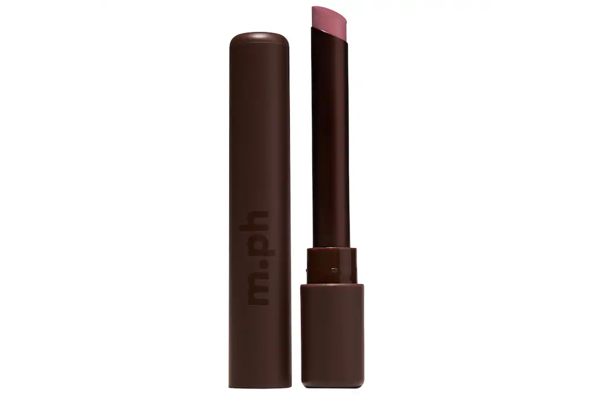 A dark brown lipstick tube, partially open to reveal a light pink lipstick bullet, and its cap.