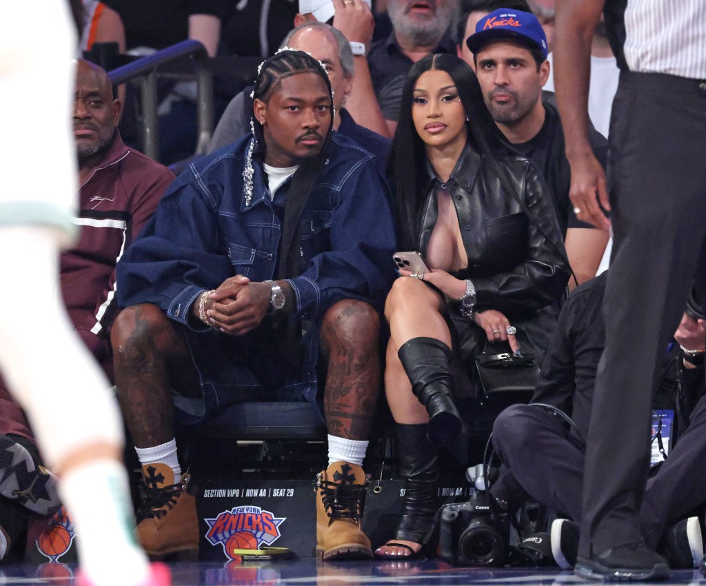 Stefon Diggs and Cardi B at Knicks-Celtics playoff game at MSG on May 11, 2025.