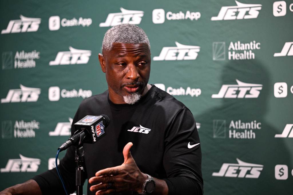 New York Jets head coach Aaron Glenn speaks in a press conference after an NFL football game against the Jacksonville Jaguars, Sunday, Dec. 14, 2025, in Jacksonville, Fla.