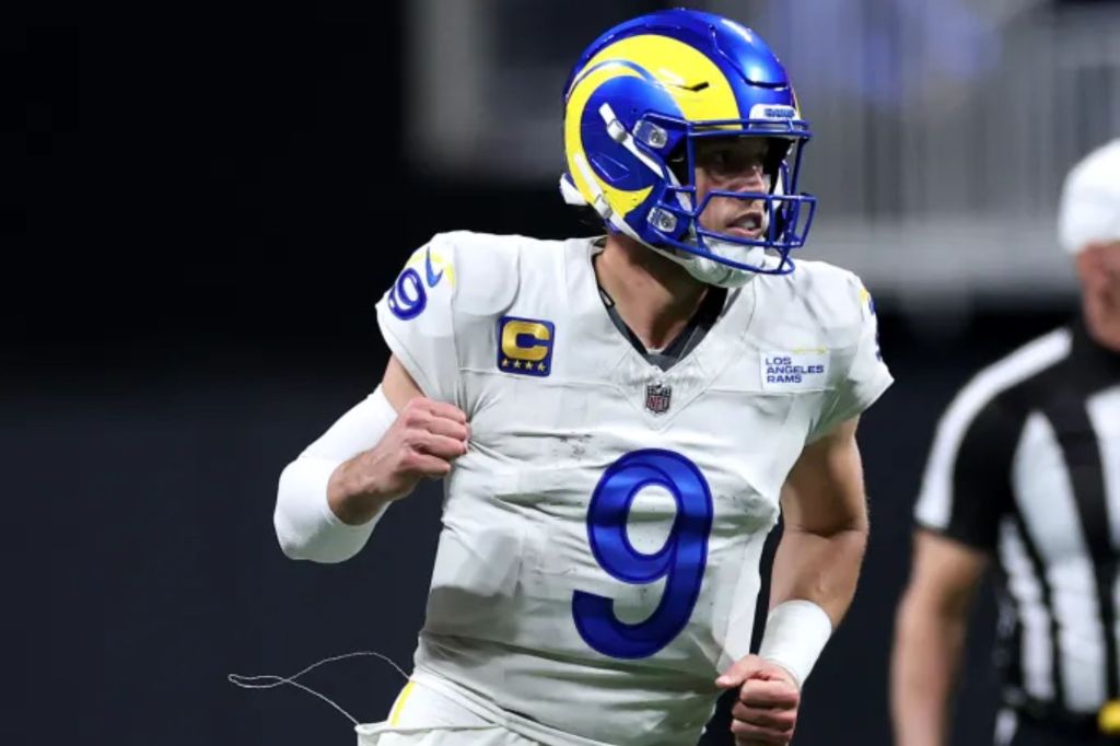An image collage containing 1 images, Image 1 shows Matthew Stafford of the Los Angeles Rams celebrates a touchdown against the Atlanta Falcons