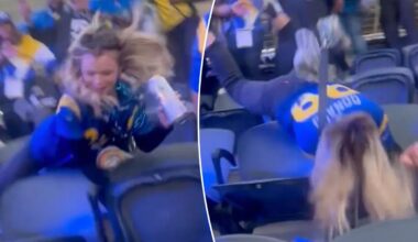 Rams fan tumbles down several rows after trying to kick spectator