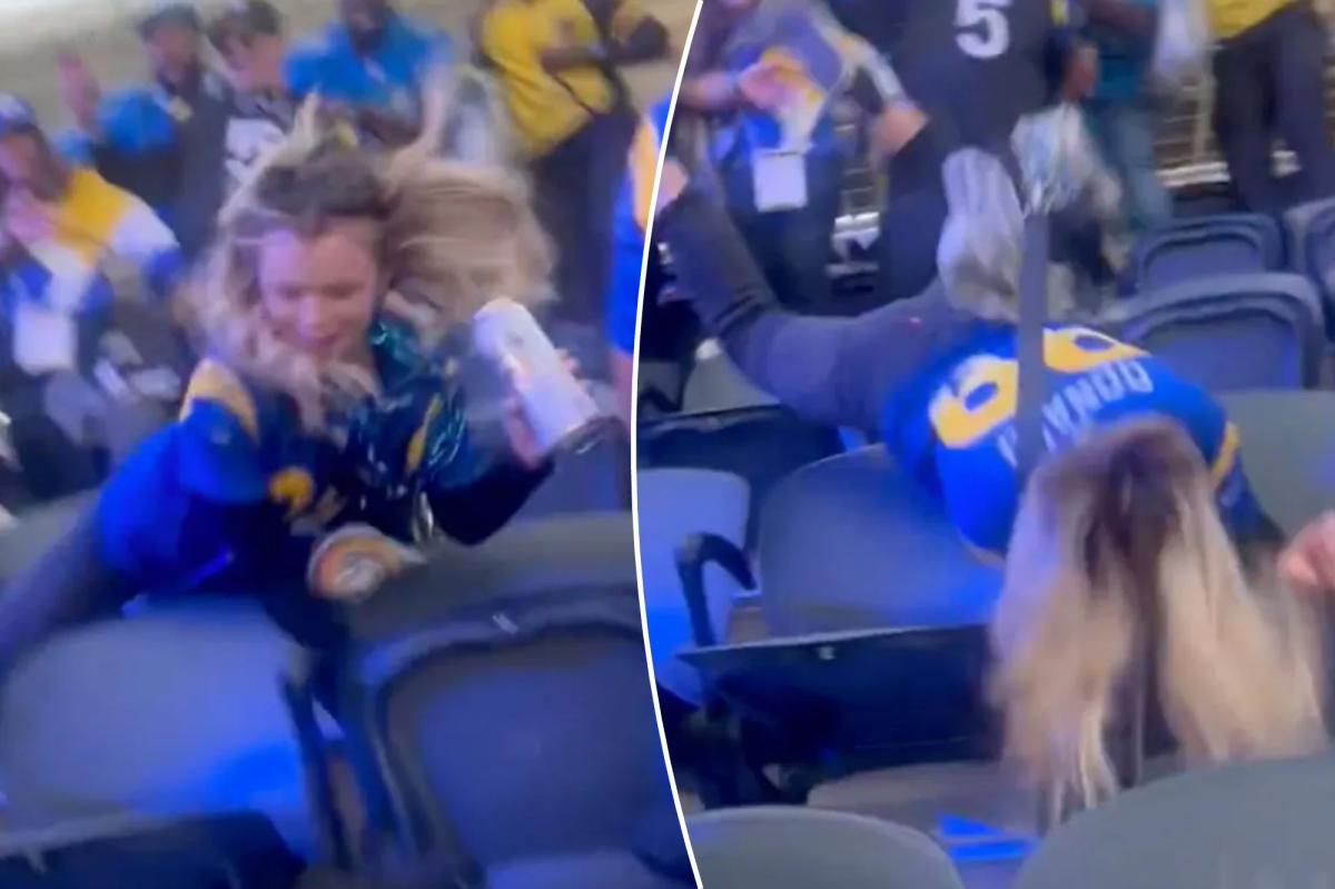 Rams fan tumbles down several rows after trying to kick spectator