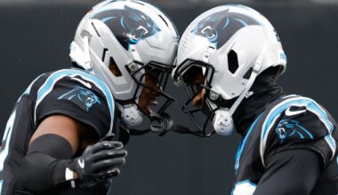 Carolina Panthers cornerback Mike Jackson, left, celebrates his touchdown against the Los Angeles Rams with cornerback Akayleb Evans in the first half of an NFL football game, Nov. 30, 2025, in Charlotte, N.C. (AP Photo/Rusty Jones, File)