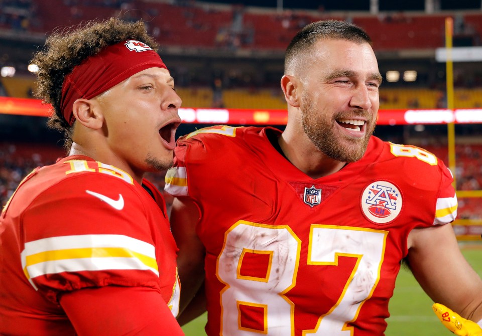 Patrick Mahomes #15 and Travis Kelce #87 of the Kansas City Chiefs celebrate after the Chiefs defeated the Las Vegas Raiders 30-29 to win the game at Arrowhead Stadium on October 10, 2022