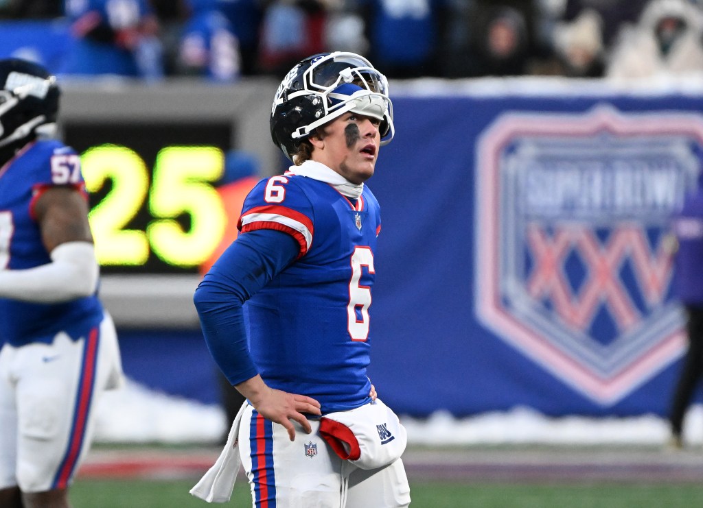 12/14/25 - Quarterback Jaxson Dart #6 of the New York Giants reacts on the field during the fourth quarter of the Giants and Washington Commanders game in East Rutherford, NJ. The Commanders won 29-21.