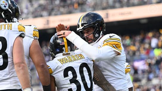 Steelers quarterback Aaron Rodgers celebrates with running back Jaylen Warren during Pittsburgh's 27-22 win over the Baltimore Ravens in Week 14 of the 2025 NFL Regular Season. Steelers Jaylen Warren Aaron Rodgers