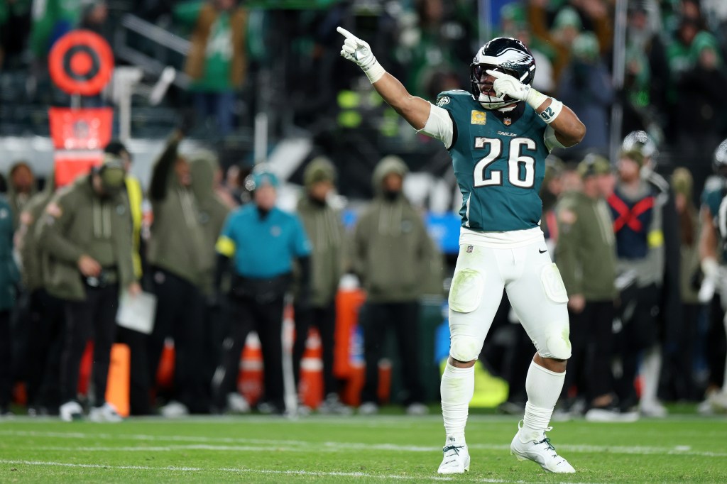 Saquon Barkley of the Philadelphia Eagles celebrates a first down.