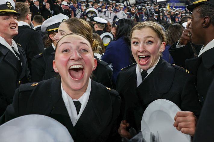 BALTIMORE, MARYLAND - DECEMBER 13: Navy Midshipmen celebrate the win after a game between the Navy Midshipmen and Army West Point Black Knights at M&T Bank Stadium on December 13, 2025 in Baltimore, Maryland.