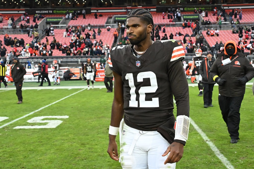 Shedeur Sanders of the Cleveland Browns reacting after his team was defeated by the San Francisco 49ers.
