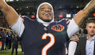 Chicago Bears' DJ Moore celebrates after an NFL football game against the Green Bay Packers Saturday