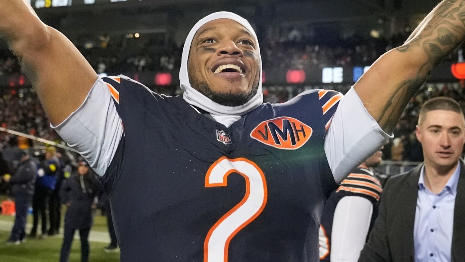 Chicago Bears' DJ Moore celebrates after an NFL football game against the Green Bay Packers Saturday