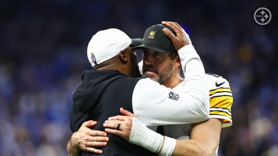 Steelers Head Coach Mike Tomlin and quarterback Aaron Rodgers embrace following Pittsburgh's 29-24 win over the Detroit Lions in Week 16 of the 2025 NFL Regular Season.
