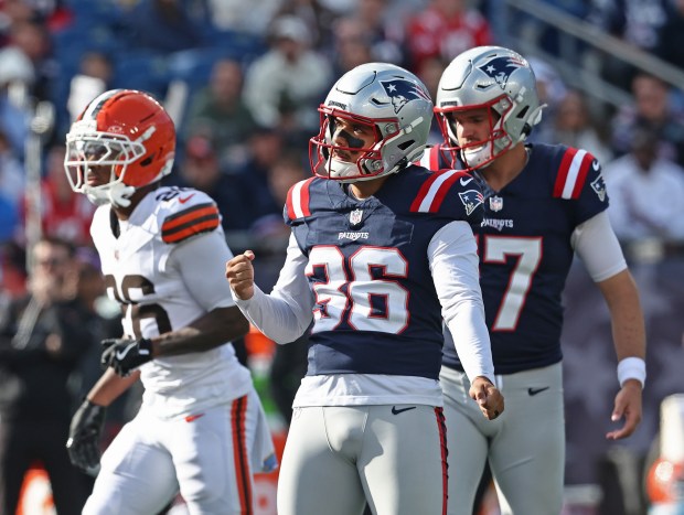 Foxboro, MA - New England Patriots place kicker Andy Borregales reacts after hitting a field goal late in the second quarter at Gillette Stadium. (Nancy Lane/Boston Herald)