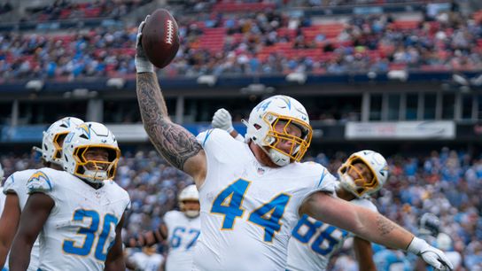 Los Angeles fullback Scott Matlock (44) spikes the ball after a touchdown against Tennessee during their game at Nissan Stadium in Nashville, Tenn., Sunday, Nov. 2, 2025