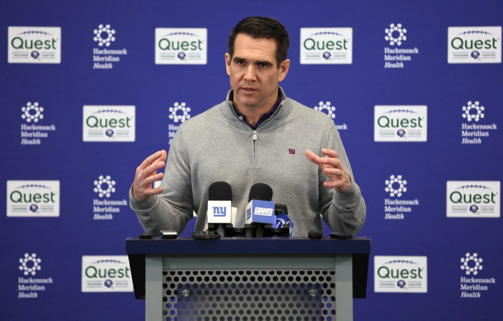 New York Giants GM Joe Schoen speaking to the media as the Giants players were cleaning out their lockers at the New York Giants training facility in East Rutherford, New Jersey