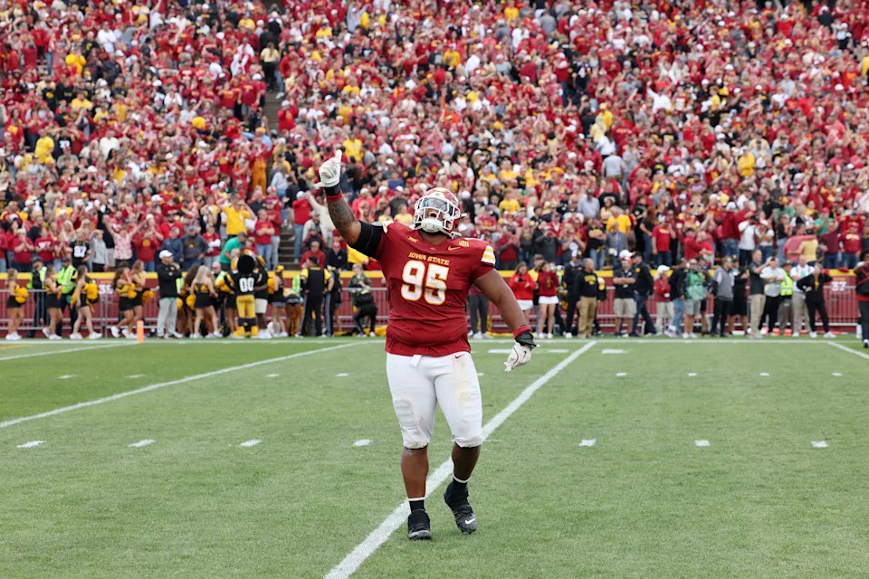 Sep 6, 2025; Ames, Iowa, USA; Iowa State Cyclones defensive lineman Domonique Orange (95) celebrates after a play against the Iowa Hawkeyes during the second half at Jack Trice Stadium. Mandatory Credit: Reese Strickland-Imagn Images