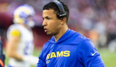 Dec 7, 2025; Glendale, Arizona, USA; Los Angeles Rams  pass game coordinator Nate Scheelhaase against the Arizona Cardinals at State Farm Stadium. Mandatory Credit: Mark J. Rebilas-Imagn Images