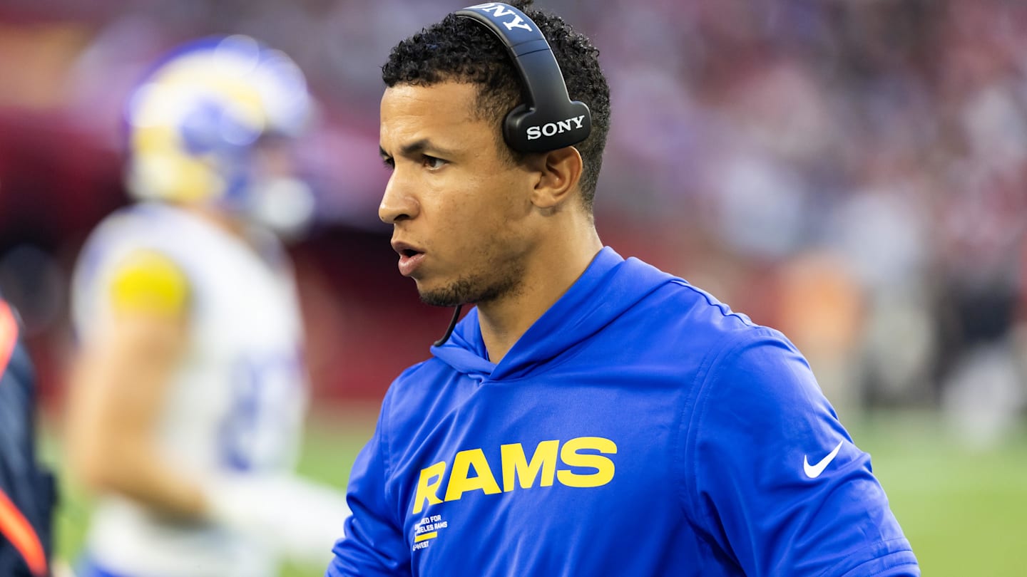 Dec 7, 2025; Glendale, Arizona, USA; Los Angeles Rams  pass game coordinator Nate Scheelhaase against the Arizona Cardinals at State Farm Stadium. Mandatory Credit: Mark J. Rebilas-Imagn Images