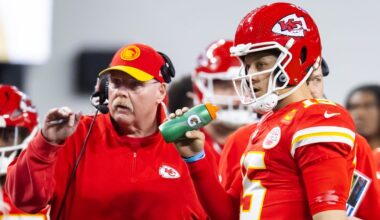 Feb 11, 2024; Paradise, Nevada, USA; Kansas City Chiefs head coach Andy Reid with quarterback Patrick Mahomes (15) against the San Francisco 49ers during Super Bowl LVIII at Allegiant Stadium.