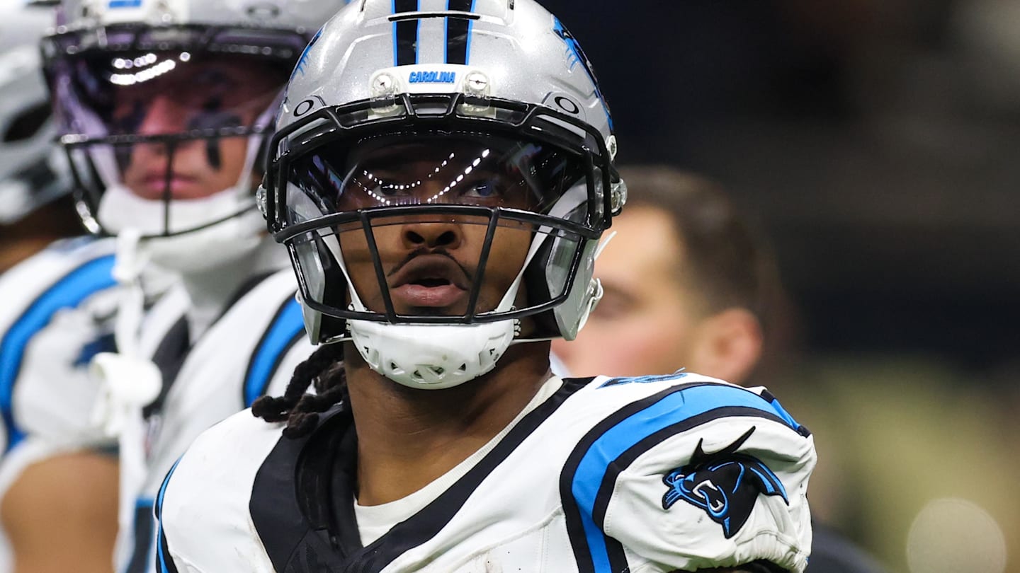 Dec 14, 2025; New Orleans, Louisiana, USA; Carolina Panthers running back Rico Dowdle (5) reacts during the second quarter against the New Orleans Saints at Caesars Superdome.