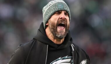 Nov 28, 2025; Philadelphia, Pennsylvania, USA; Philadelphia Eagles head coach Nick Sirianni reacts during the second quarter of the game against the Chicago Bears at Lincoln Financial Field.