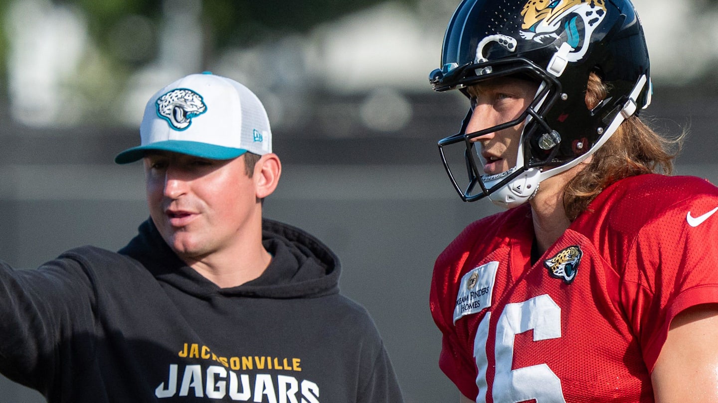 Jaguars Offensive Coordinator Grant Udinski talks with Jacksonville Jaguars quarterback Trevor Lawrence (16) during the Jaguars 14th NFL training camp session at Miller Electric Center Tuesday August 12, 2025 in Jacksonville, Fla. The Jaguars travel to New Orleans to play the Saints this Sunday in their second preseason game. [Doug Engle/Florida Times-Union]