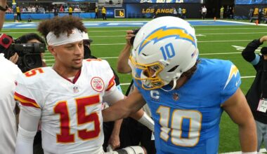 Sep 29, 2024; Inglewood, California, USA; Kansas City Chiefs quarterback Patrick Mahomes (15) and Los Angeles Chargers quarterback Justin Herbert (10) shake hands after the game at SoFi Stadium. Mandatory Credit: Kirby Lee-Imagn Images