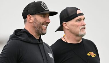 Washington Commanders general manager Adam Peters and head coach Dan Quinn