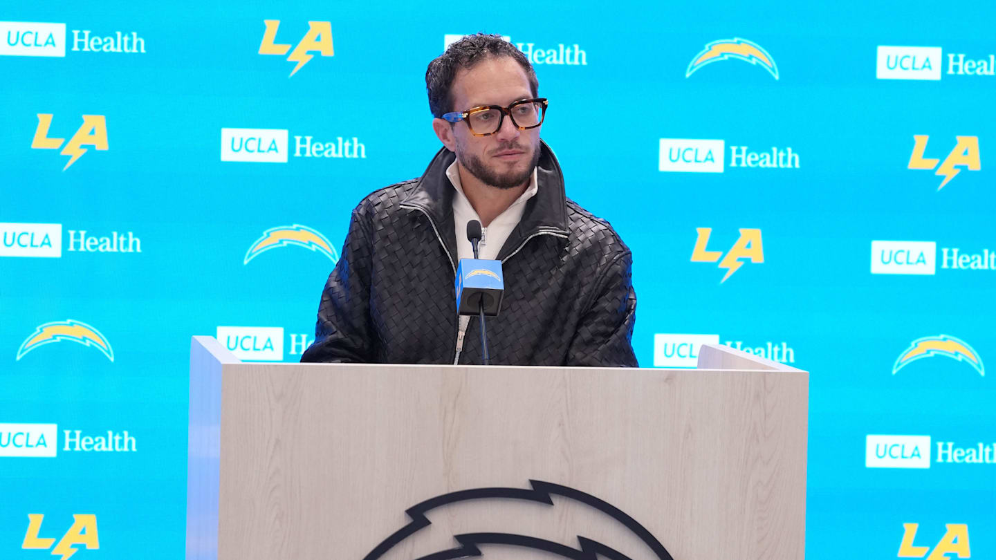 January 27, 2026; El Segundo, California, USA; Los Angeles Chargers offensive coordinator Mike McDaniel speaks at introductory press conference at The Bolt. Mandatory Credit: Kirby Lee-Imagn Images