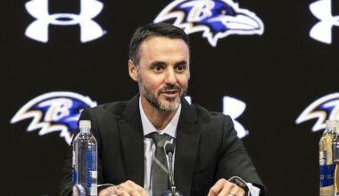 Jan 29, 2026; Owings Mills, MD, USA; Jesse Minter smiling during opening remarks at press conference at Under Armour Performance Center. Mandatory Credit: Lexi Thompson-Imagn Images