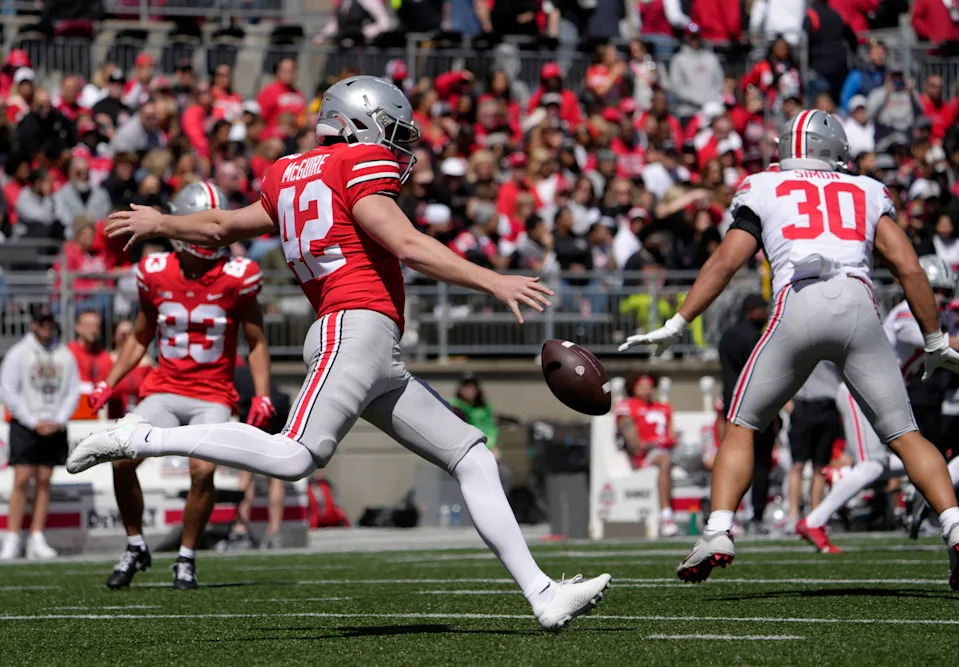 April 13, 2024; Columbus, Ohio, USA;
Ohio State Buckeyes punter Joe McGuire (42) competes with the scarlet team during the first half of the LifeSports spring football game at Ohio Stadium on Saturday.
