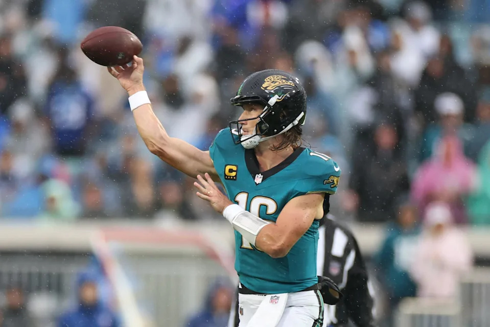 Dec 7, 2025; Jacksonville, Florida, USA; Jacksonville Jaguars quarterback Trevor Lawrence (16) throws downfield against the Indianapolis Colts during the second half at EverBank Stadium. Mandatory Credit: Matt Pendleton-Imagn Images
