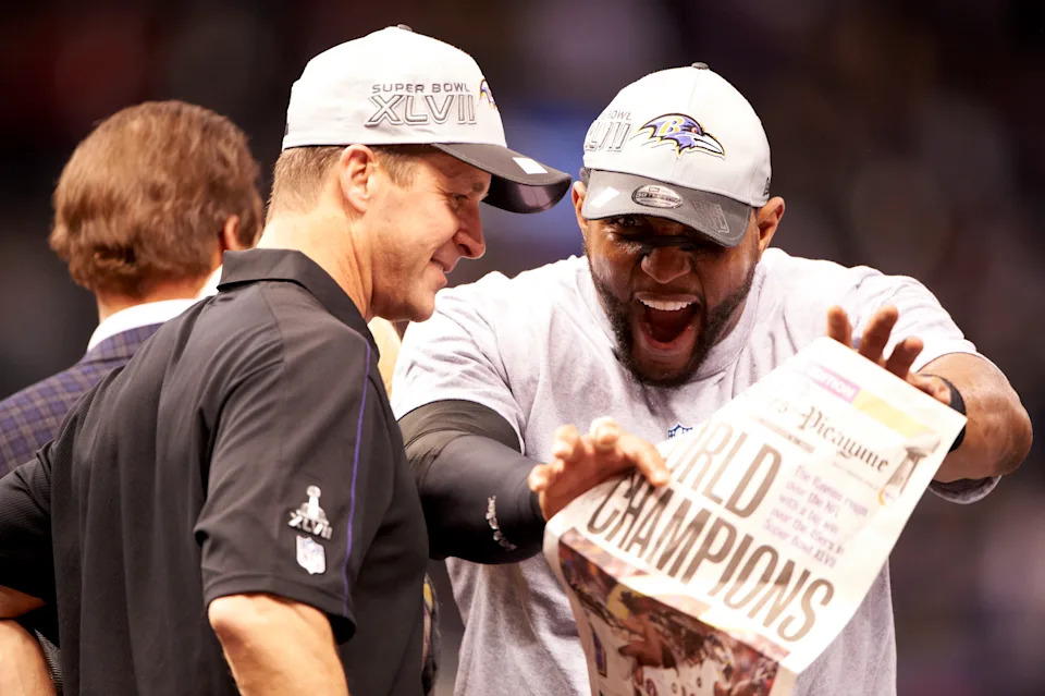 Football: Super Bowl XLVII: Baltimore Ravens Ray Lewis (R) victorious with coach John Harbaugh after winning game vs San Francisco 49ers at Mercedes-Benz Superdome. 
New Orleans, LA 2/3/2013
CREDIT: Robert Beck (Photo by Robert Beck /Sports Illustrated via Getty Images)
(Set Number: X156123 TK1 R1 F62 )