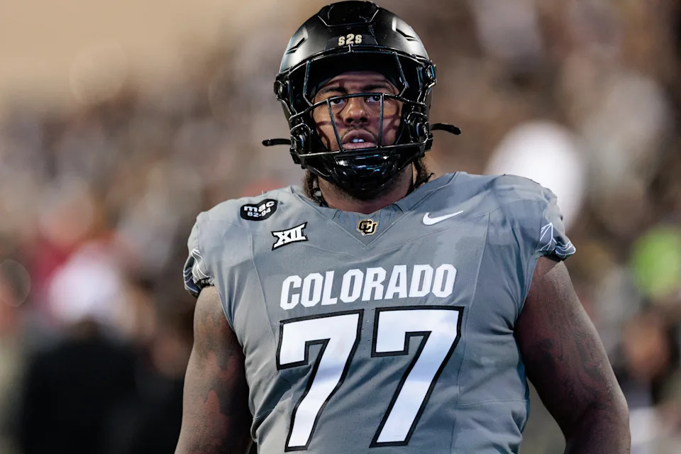 BOULDER, COLORADO - NOVEMBER 01: Jordan Seaton #77 of the Colorado Buffaloes looks on during the first half against the Arizona Wildcats at Folsom Field on November 01, 2025 in Boulder, Colorado. (Photo by Andrew Wevers/Getty Images)