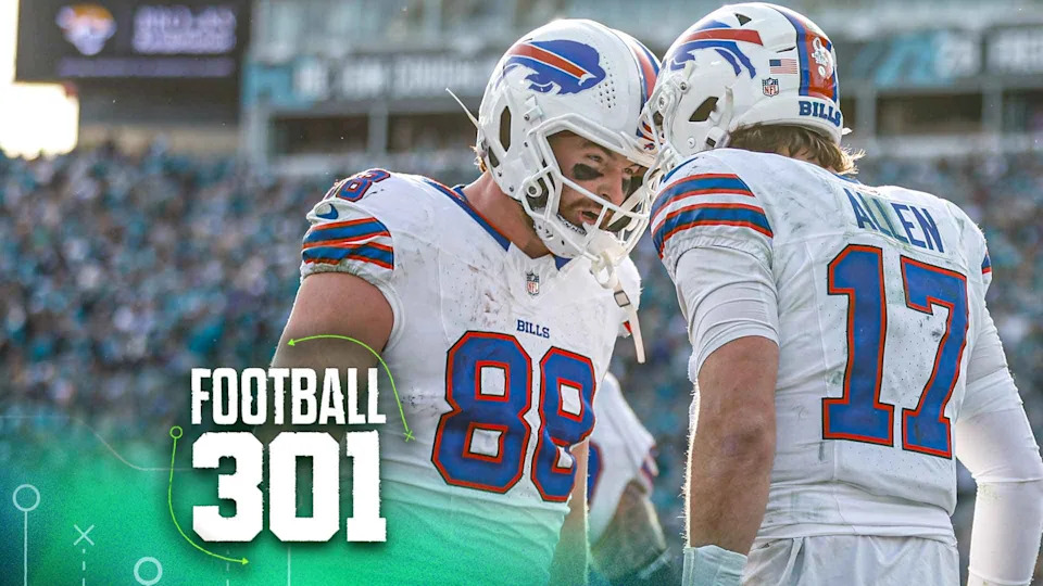JACKSONVILLE, FL - JANUARY 11: Josh Allen #17 of the Buffalo Bills celebrates a touchdown with Dawson Knox #88 of the Buffalo Bills during the AFC Wildcard Playoff game between the Jacksonville Jaguars and the Buffalo Bills on January 11, 2026 at EverBank Stadium in Jacksonville, Fl. (Photo by David Rosenblum/Icon Sportswire via Getty Images)