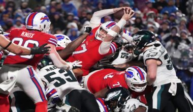 Buffalo Bills' Josh Allen (17) scores a touchdown during the second half of an NFL football game against the Philadelphia Eagles, Sunday, Dec. 28, 2025, in Buffalo, N.Y. (AP Photo/Gene J. Puskar)
